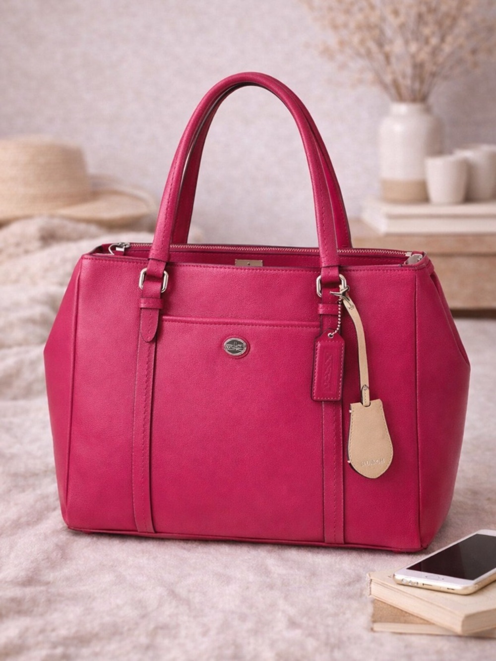 Coach Pink Leather shoulder bag Silver Hardware Structured tote - Picture 1 of 11